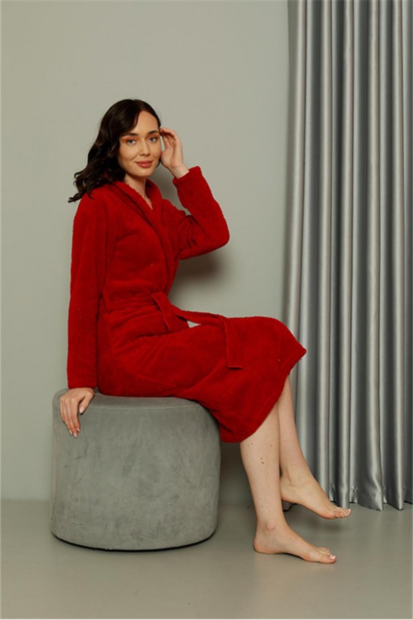Moda Çizgi Kadın Welsoft Polar Uzun Kırmızı Sabahlık 20577