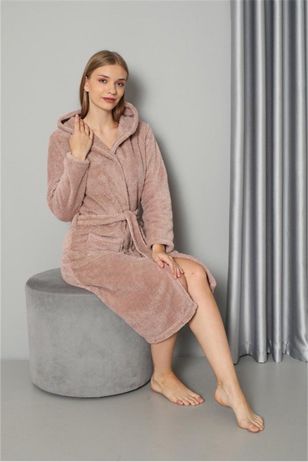 Moda Çizgi Kadın Welsoft Polar Uzun Vizon Sabahlık 20577