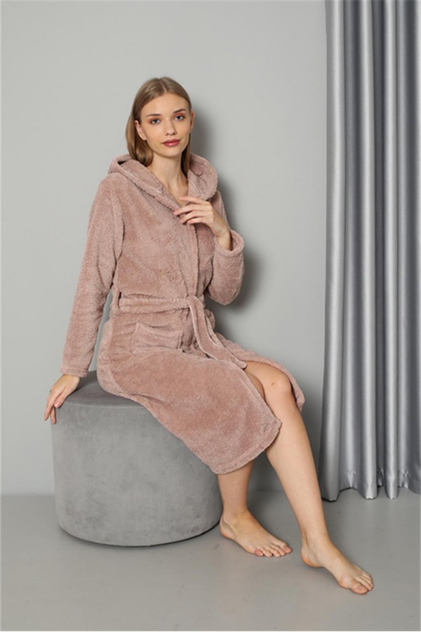 Moda Çizgi Kadın Welsoft Polar Uzun Vizon Sabahlık 20577