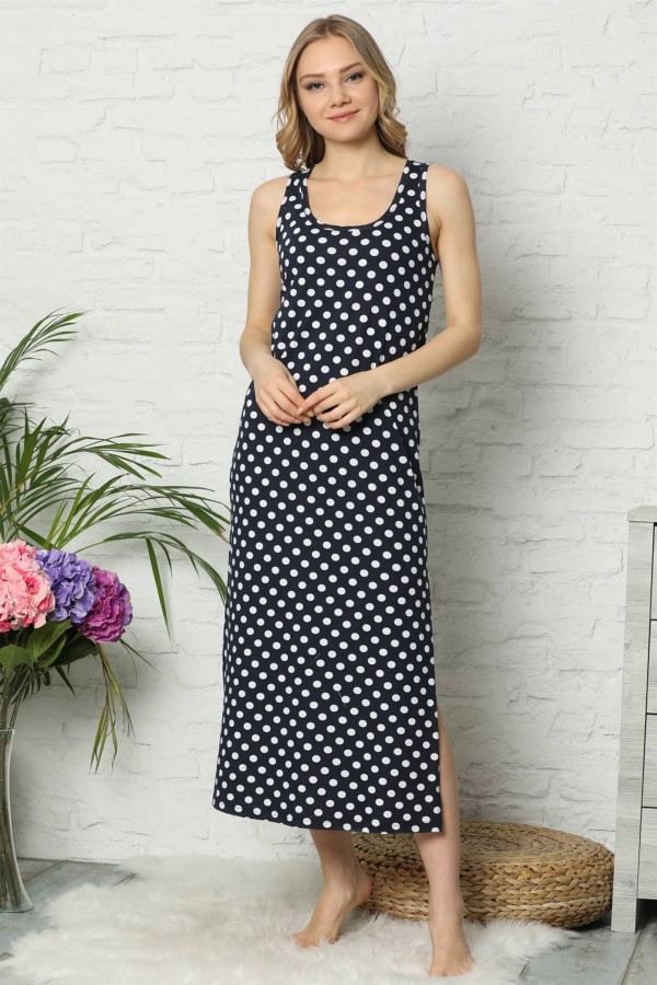 Moda Çizgi Kalın Askılı Lacivert Beyaz Penye Uzun Gecelik 926