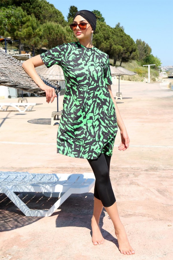 Moda Çizgi Kısa Kol Desenli Yarım Tesettür Mayo 33013