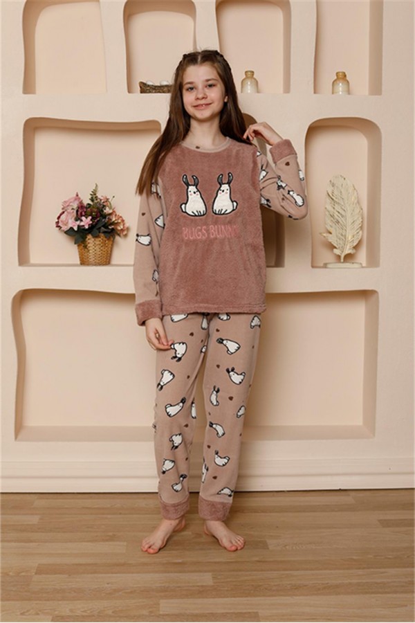 Moda Çizgi Kız Çocuk WelSoft Polar Vizon Pijama Takımı 20524