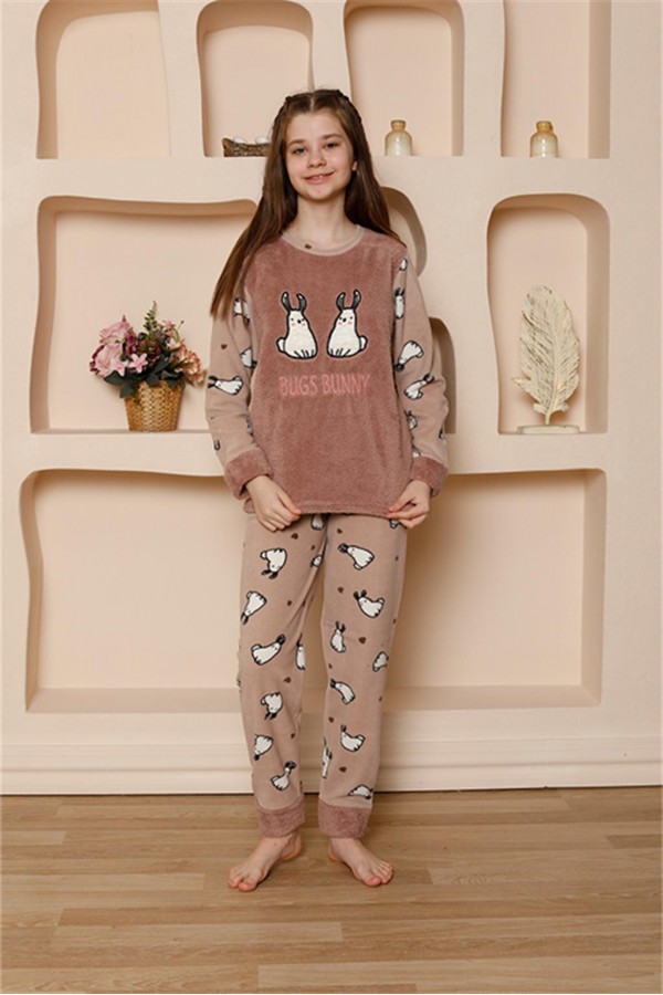 Moda Çizgi Kız Çocuk WelSoft Polar Vizon Pijama Takımı 20524