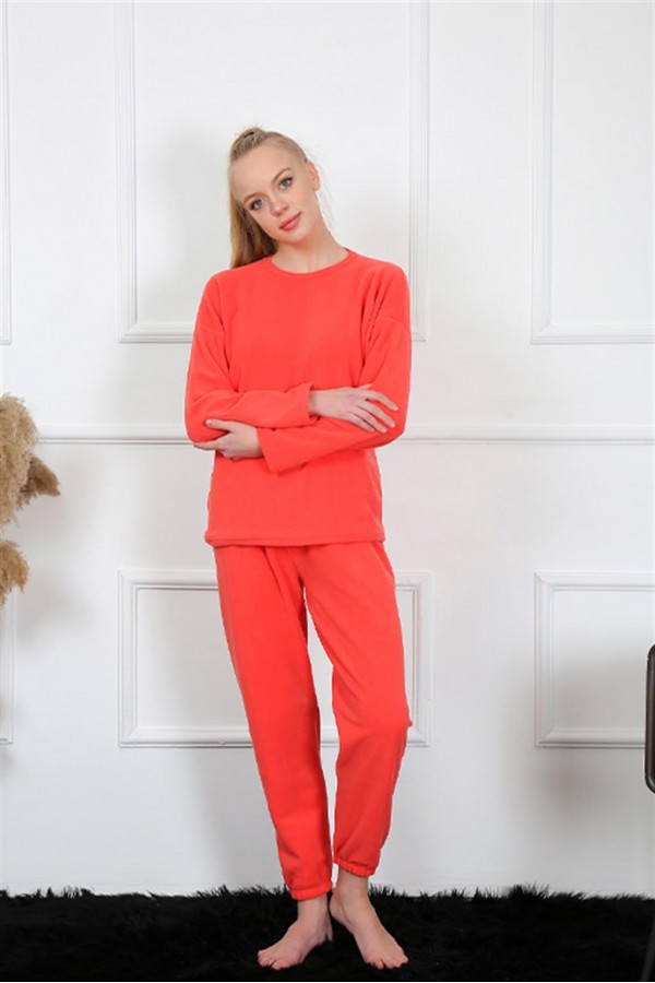 Moda Çizgi Polar Kadın Mercan Pijama Takımı 4130