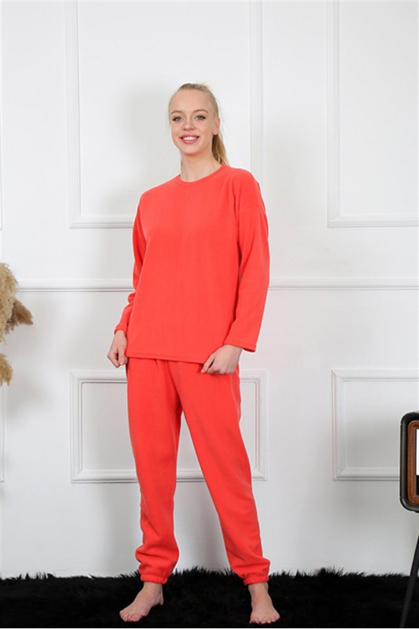 Moda Çizgi Polar Kadın Mercan Pijama Takımı 4130