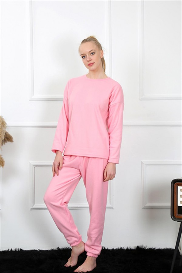 Moda Çizgi Polar Kadın Pembe Pijama Takımı 4130
