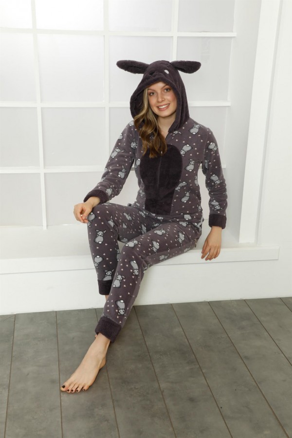 Moda Çizgi Welsoft Polar Kadın Kapşonlu Tulum 818105