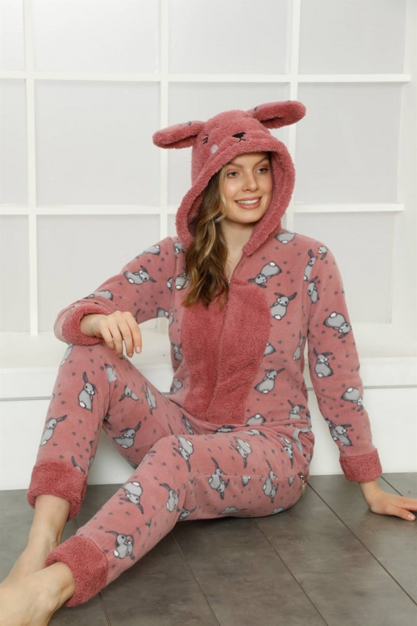 Moda Çizgi Welsoft Polar Kadın Kapşonlu Tulum 818107