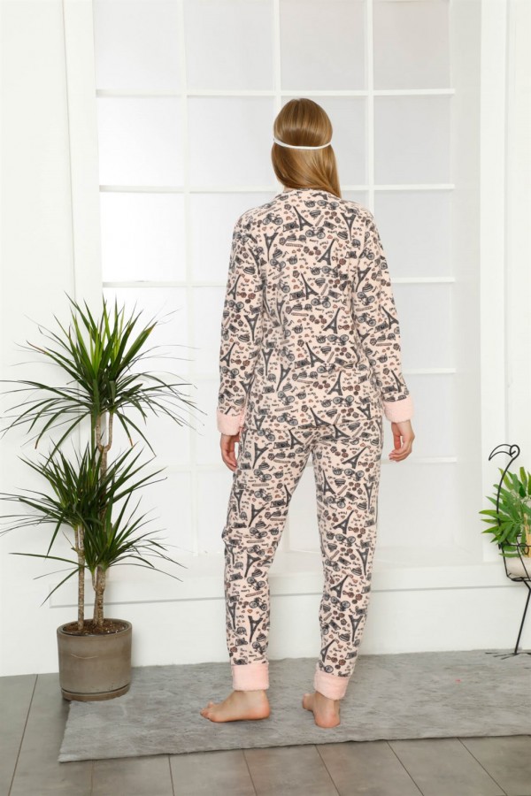 Moda Çizgi Welsoft Polar Kadın Manşetli Pijama Takımı 8403