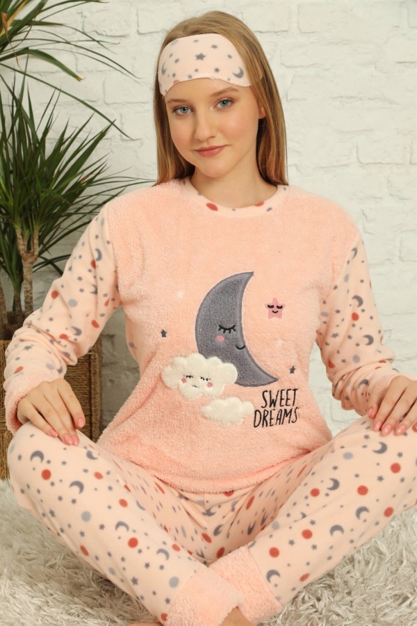 Moda Çizgi Welsoft Polar Kadın Manşetli Pijama Takımı 8436