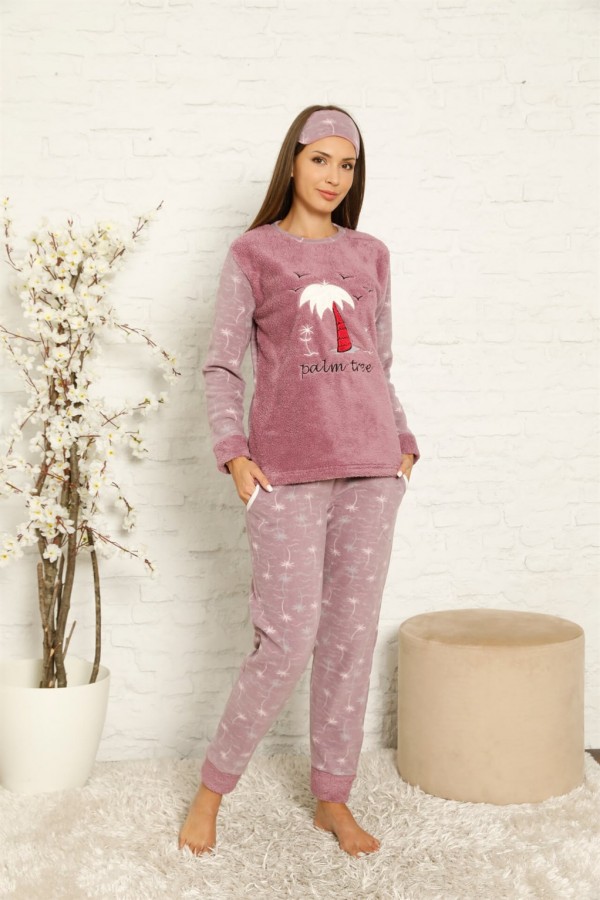 Moda Çizgi Welsoft Polar Kadın Manşetli Pijama Takımı 8442