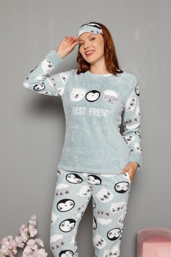 Moda Çizgi Welsoft Polar Kadın Manşetli Pijama Takımı 8448
