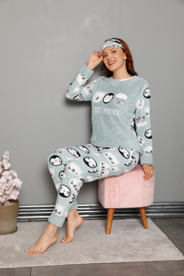 Moda Çizgi Welsoft Polar Kadın Manşetli Pijama Takımı 8448