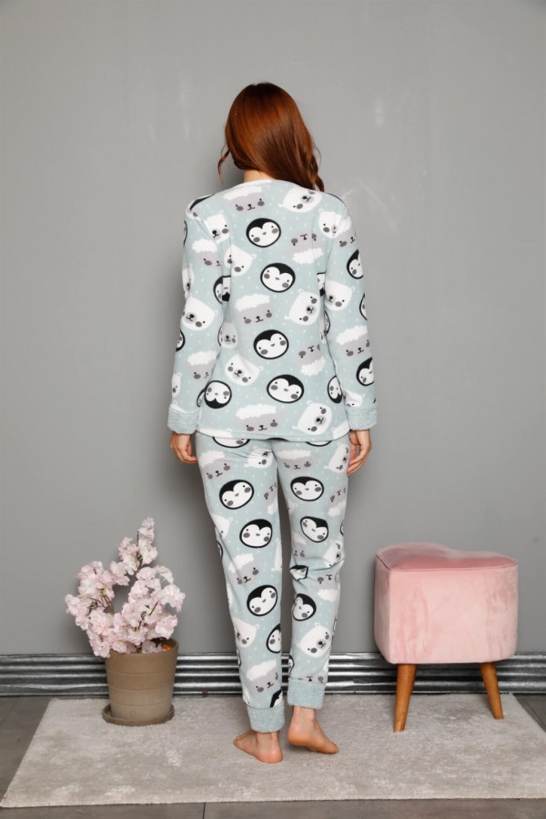 Moda Çizgi Welsoft Polar Kadın Manşetli Pijama Takımı 8448