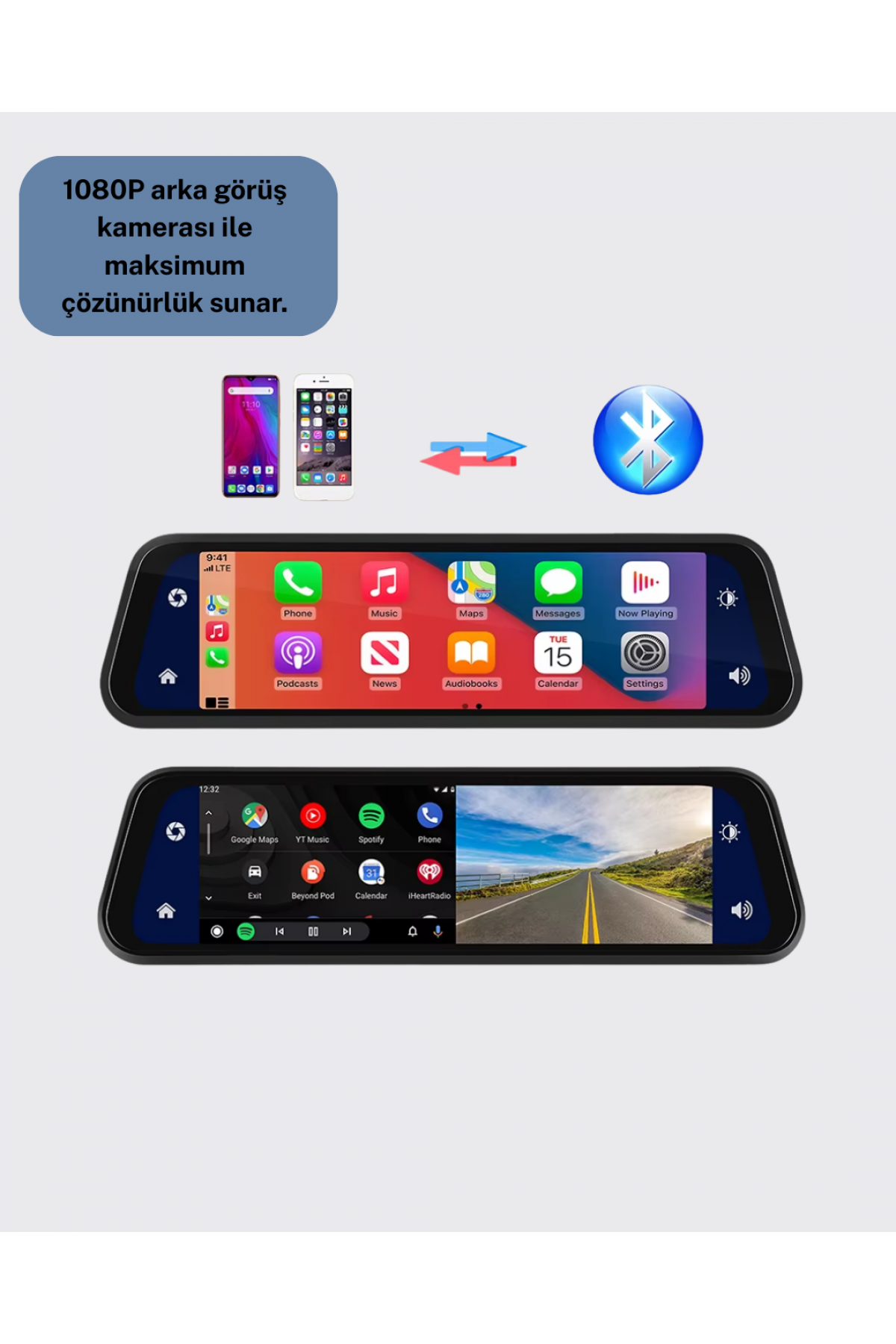 10 İnç Tam Dokunmatik Dikiz Aynası Kamera Ön Arka Full HD