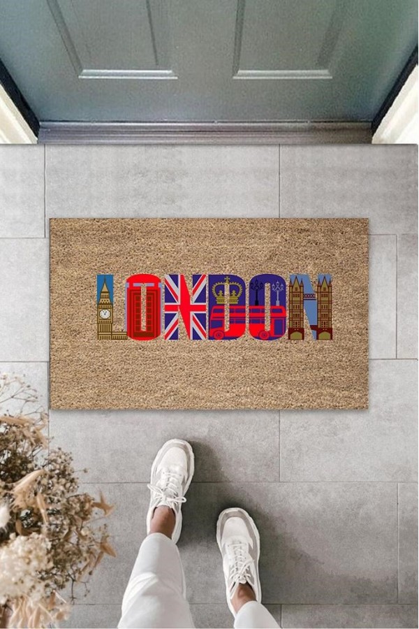 Dijital Baskı Bej London Yazı Paspas K-3149