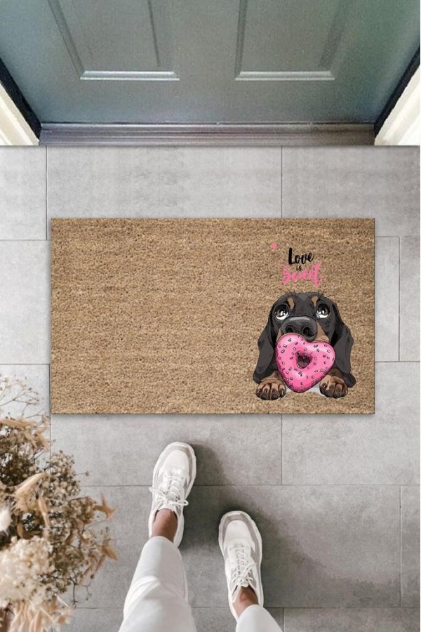 Dijital Baskı Kahverengi Love Sweet Pembe Uzun Kulaklı Köpek Dekoratif Kapı Paspası K-2056