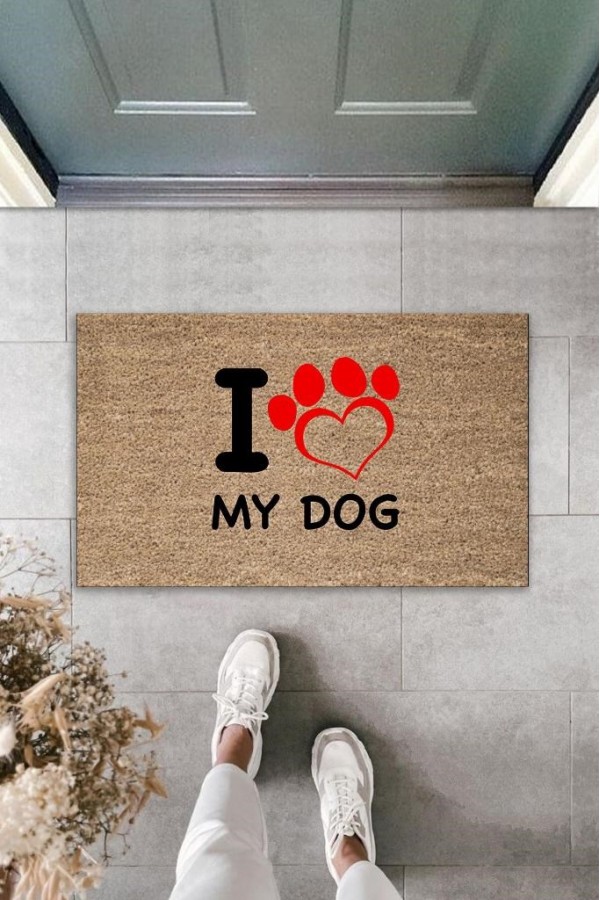 Dijital Baskı Kahverengi Kırmızı Kalpli I Love My Dog Dekoratif Kapı Paspası K-2016
