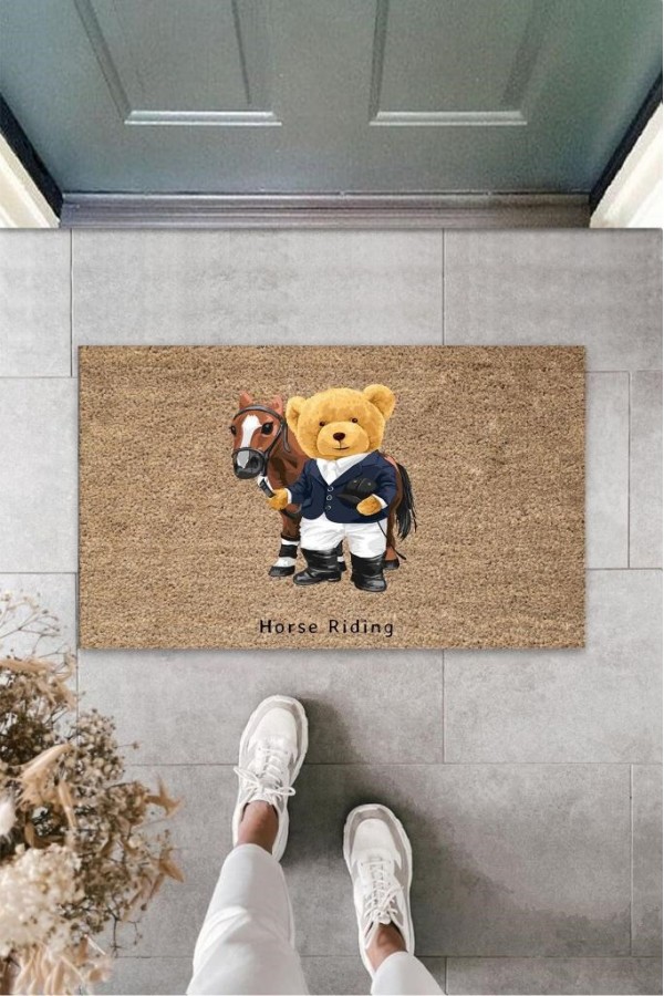 Dijital Horse Riding Ayıcık Bej Kapı Paspası Dış Mekan Paspas K-3184