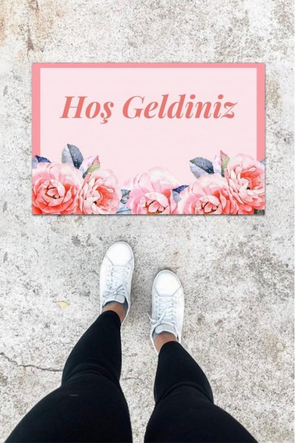 Dijital Baskı Pembe Gül Desen Kapı Önü Paspası K-1011