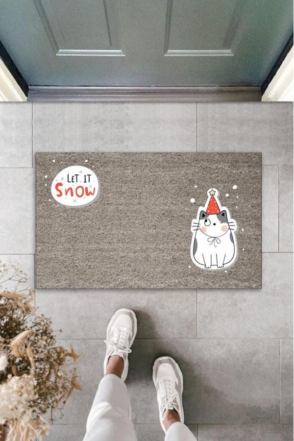 Dijital Baskı Gri Let It Snow Kukuletalı Kedi Dekoratif Kapı Paspası K-2058