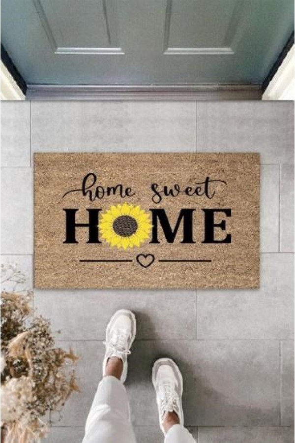 Bej Kapı Önü Paspası Home Sweet Home Papatyalı Desen  K-3342