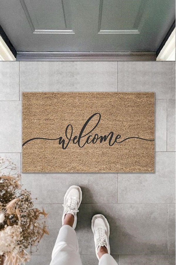 Dijital Baskı Kahverengi İtalik Yazılı Welcome Dekoratif Kapı Paspası K-2004
