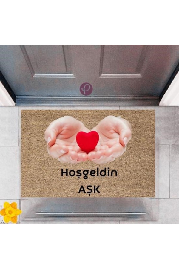 Kapı Önü Paspası Dekoratif Dijital Baskı Hoşgeldin Aşk P-2438