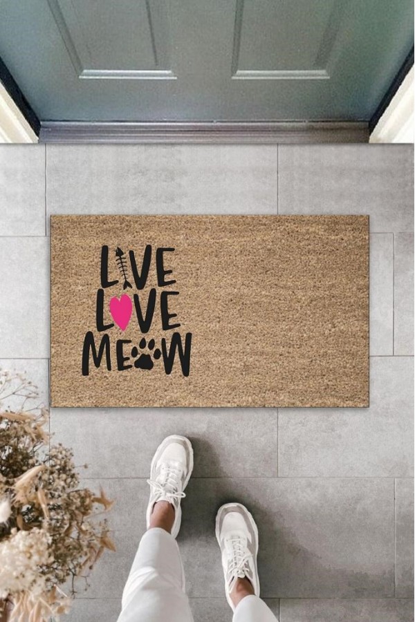 Dijital Baskı Kahverengi Pembe Kalpli Kılçıklı Love Meow Dekoratif Kapı Paspası K-2046