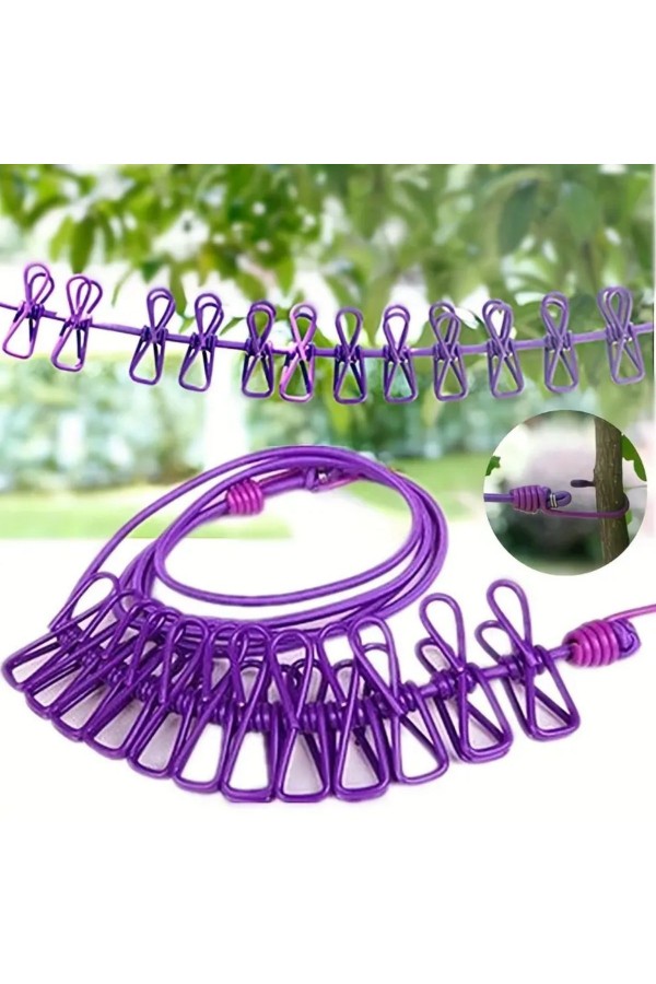 BUFFER® Taşınabilir Seyahat Çamaşır İpi 12 Mandallı Klipsli Lastikli Çamaşır Mandalları