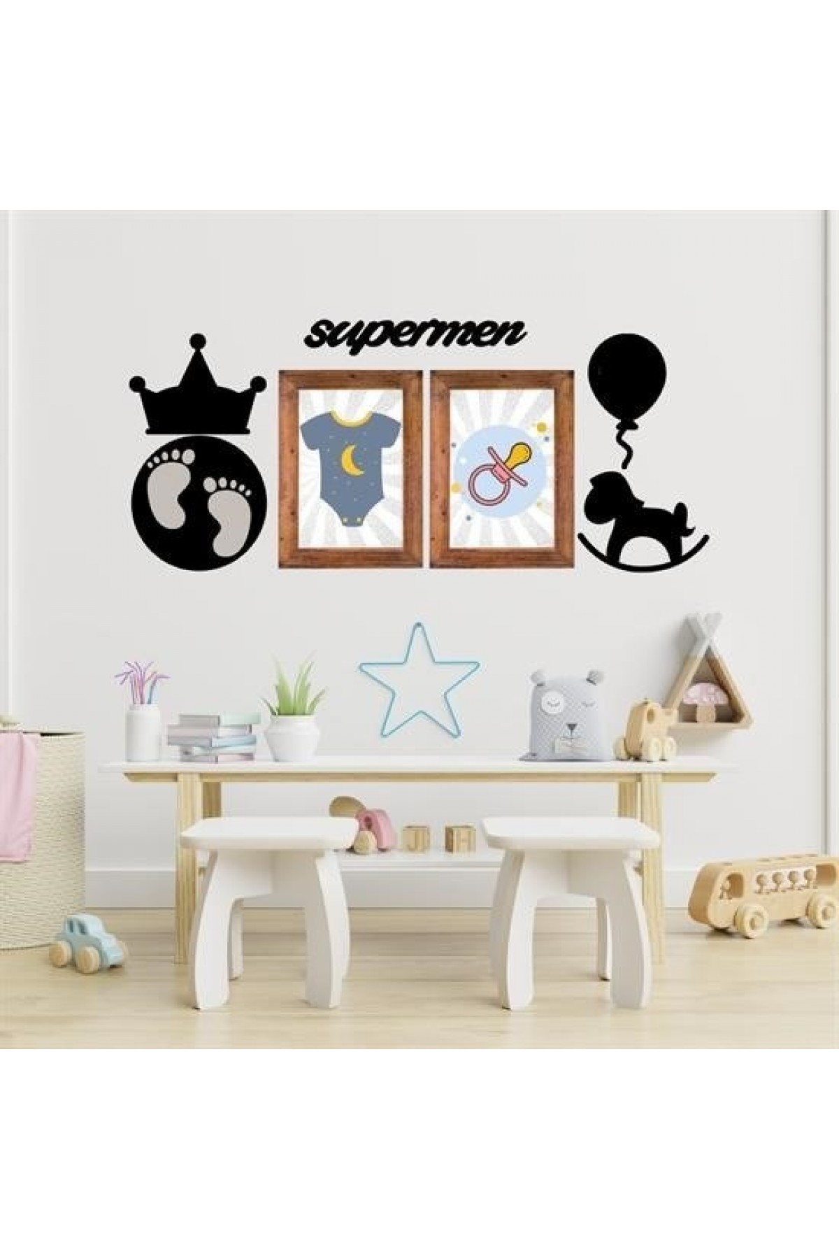 BUFFER® DECO103 Supermen Dekoratif Duvar Süsü Tablo Aksesuar Ahşap Tasarım Hediye Pano Sticker Seti