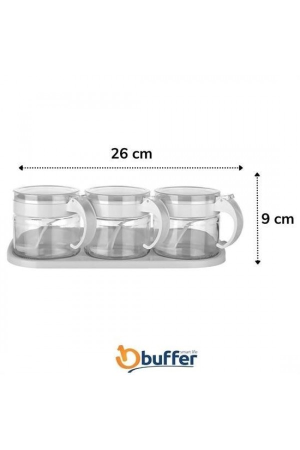 BUFFER® Beyaz 3lü Standlı Kapaklı Kaşıklı Cam Hava Sızdırmaz Baharatlık Takımı KC-386