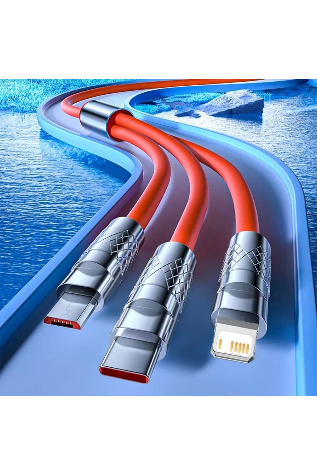 BUFFER®  3 Şarj Aleti 1 Arada Çinko Alaşım Hızlı Şarj Kablosu Turuncu