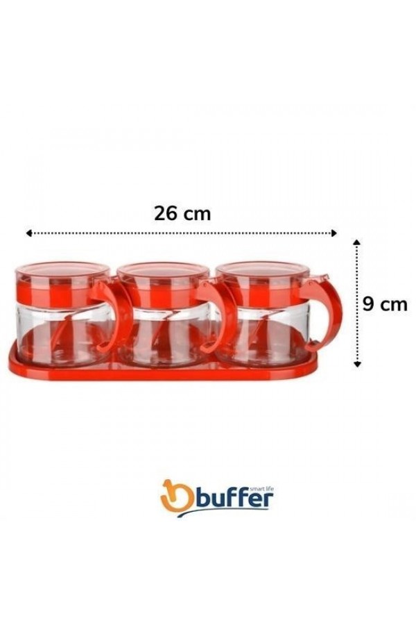 BUFFER®  Kırmızı 3lü Standlı Kapaklı Kaşıklı Cam Hava Sızdırmaz Baharatlık Takımı  KC-386
