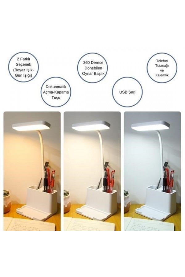 BUFFER® Kalemlikli USBli Dokunmatik 3 Kademeli 360 Derece Özel Göz Korumalı led Lityum Masa Lambası