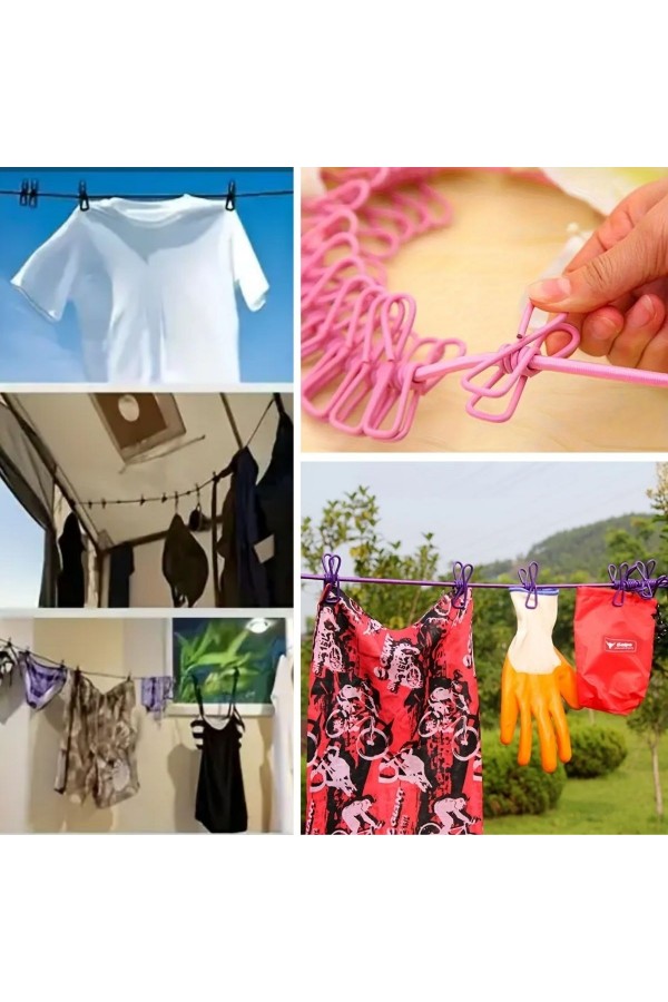 BUFFER® Taşınabilir Seyahat Çamaşır İpi 12 Mandallı Klipsli Lastikli Çamaşır Mandalları