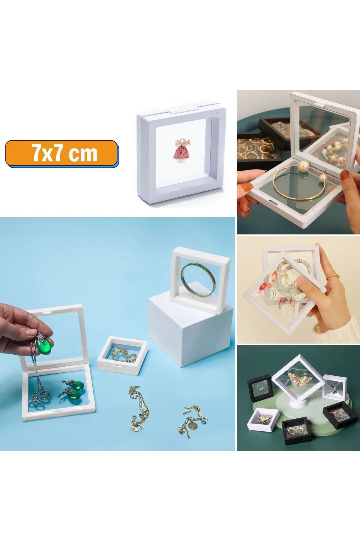 BUFFER® 7x7 cm Standlı 3D Takı Ziynet Hatıra Koleksiyon Saklama Kutusu Şeffaf Film Çerçevesi