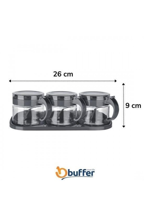 BUFFER® Siyah 3lü Standlı Kapaklı Kaşıklı Cam Hava Sızdırmaz Baharatlık Takımı KC-386
