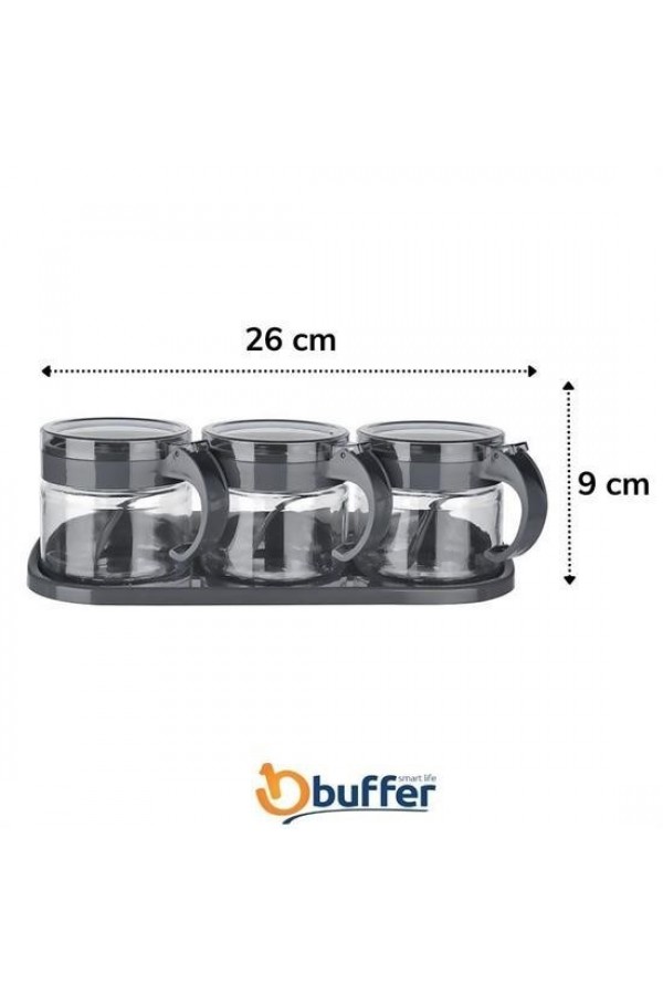 BUFFER® Gri  3lü Standlı Kapaklı Kaşıklı Cam Hava Sızdırmaz Baharatlık Takımı KC-386