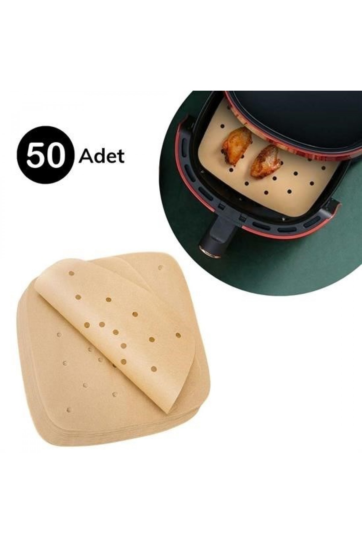 50 Adet Air Fryer Pişirme Kağıdı Tek Kullanımlık Hava Fritöz Yapışmaz Yağlı Kağıt Delikli Model