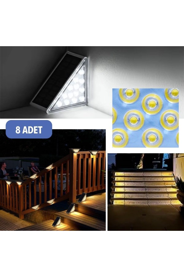 BUFFER® 8 Adet Üçgen  Güneş Enerjisi ile Şarj Olan Dış Mekan Solar Basamak Köşe Lambası