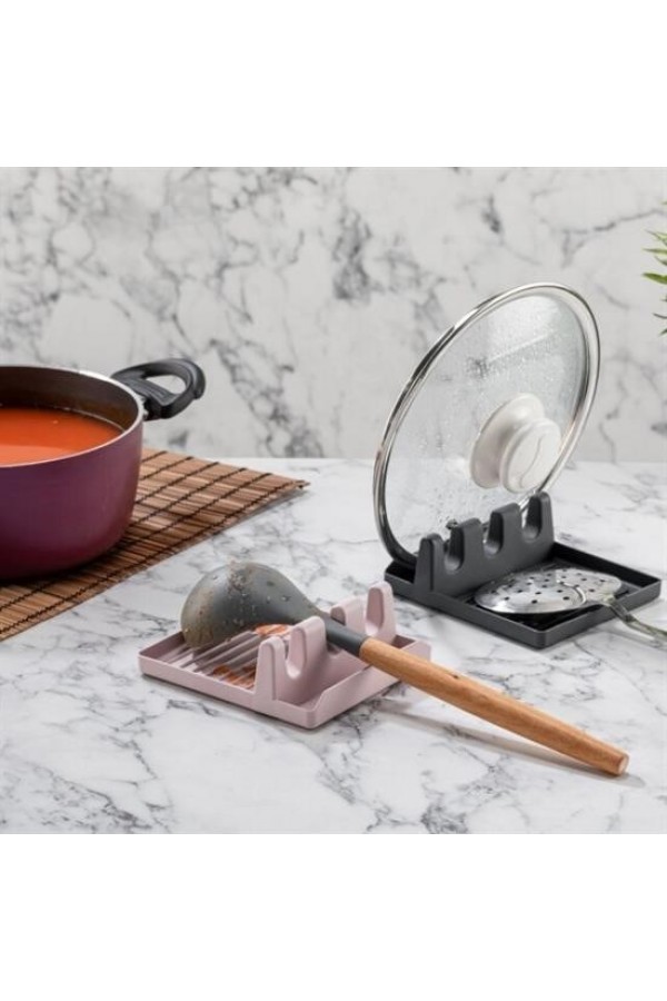 BUFFER® Tencere Kapak Tutuculu Kaşıklıklı Tencere Kapak Standı Pratik Kaşık Kepçe Altlık Düzenleyici