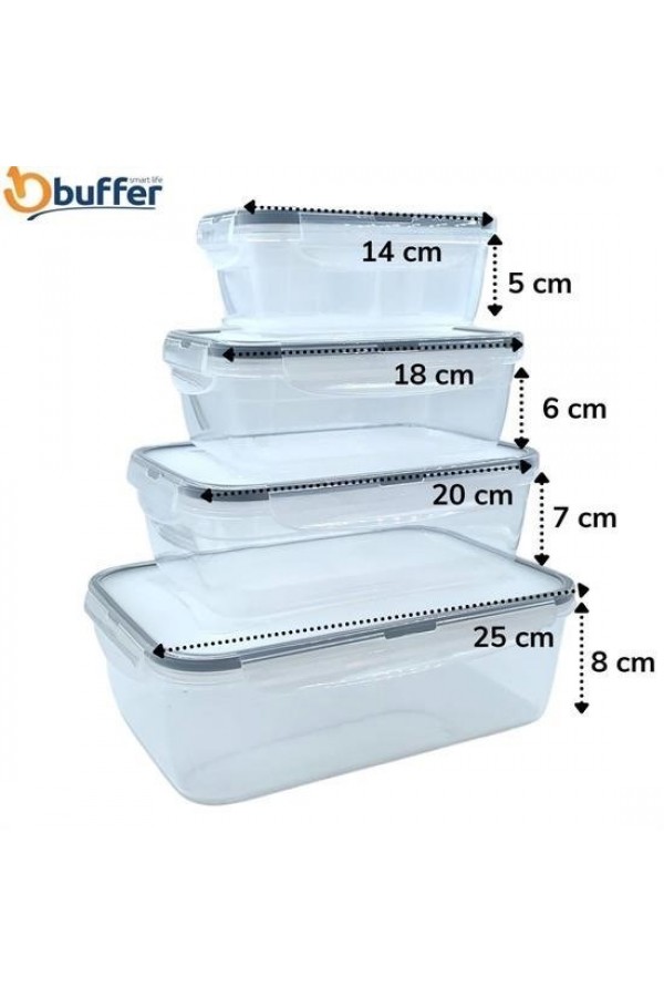 BUFFER® 4lü İç İçe Sızdırmaz Contalı Kilitli Kapaklı Plastik Erzak Saklama Kapları LC315