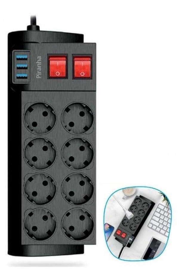 BUFFER® Isıya Dayanıklı Termal Akım Korumalı 2 Metre 16A 4000W 8li Priz ve 3 Usb Li Uzatma Kablosu BUFFER® Isıya Dayanıklı Termal Akım Korumalı 2 Metre 16A 4000W 8li Priz ve 3 Usb Li Uzatma Kablosu